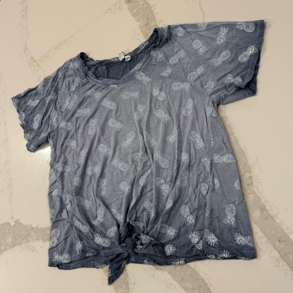 Cable & Gauge Pineapple Print Slouchy Tie Front Relaxed Fit T-Shirt Womens Small - Picture 2 of 7